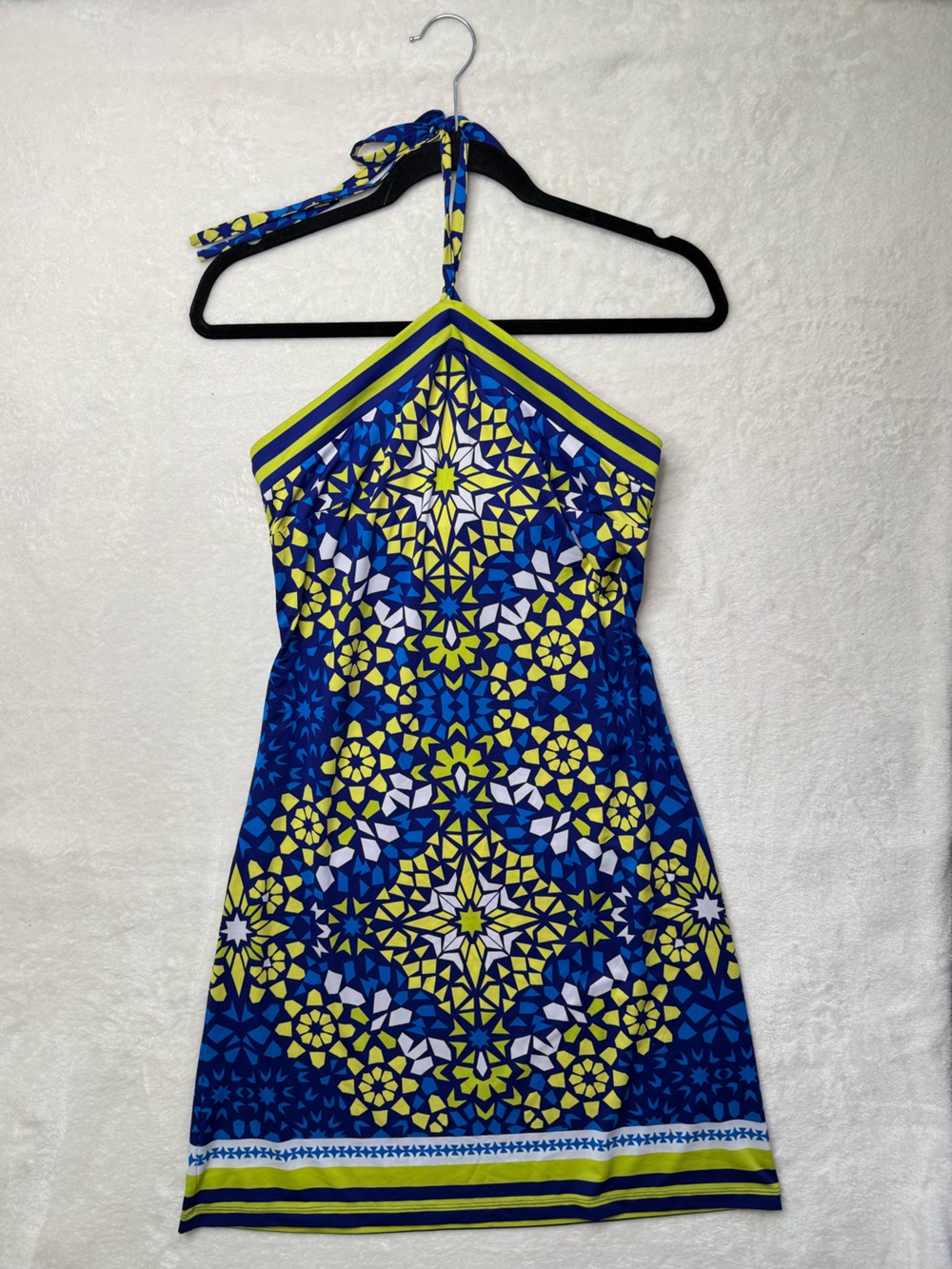 Inc Beach - Halter Mini Beach Dress with Blue and Yellow Geometric Designs